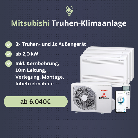 Split-Klimaanlage Mitsubishi | 3x Truhen- und 1x Außengerät | Inkl. Montage und Inbetriebnahme