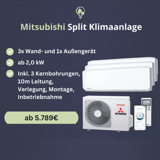 Split-Klimaanlage Mitsubishi | 3x Wand- und 1x Außengerät | Inkl. Montage und Inbetriebnahme